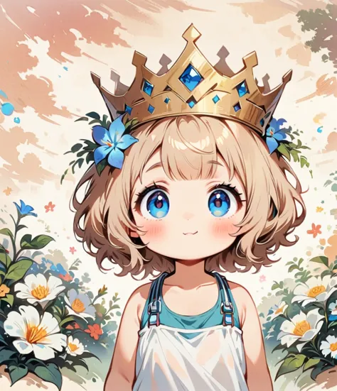 Wearing the Crown、Gardenia flowers、large white flowers、Cartoon style character design，1 Girl, alone，Big eyes，Cute expression，Tan...