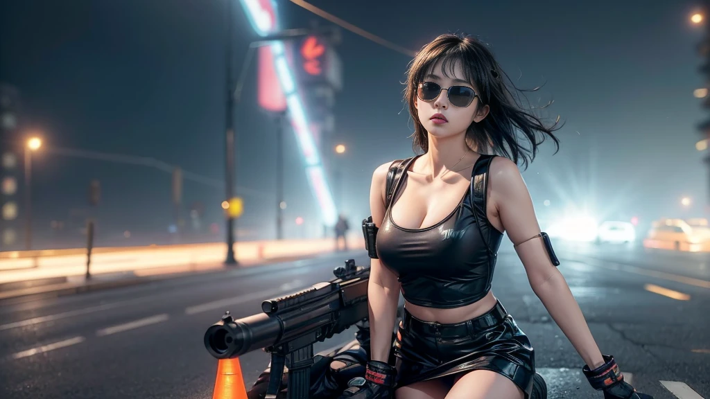 8k, Realistic Skin Texture, Realistic Photo, Neo Tokyo, slim Japanese women, large-breast:1.3 cleavage:1.2, AD2050 at night, Dirty hunting jacket, Wearing tube top, miniskirt, (((black sunglasses, automatic rifle, sneakers, cold, shooting pose, low angle view))), Innovative composition, revenge, cyberpunk, blade runner worldview, Large neon sign, Geisha hologram sign, Strong Wakamoto Sign.