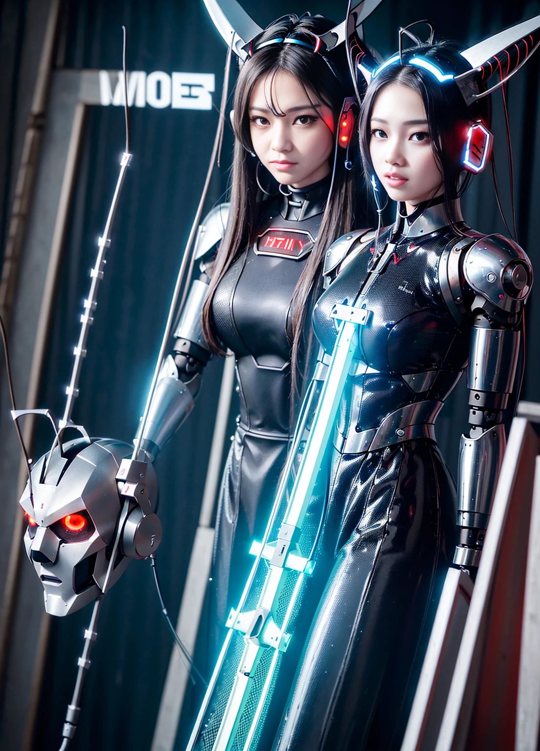 Super Detail, High Detail, high quality, best quality, High resolution，a robot valkyrie，Beautiful female robot,beautiful clear face(Rain waves_haneame：1.5)(Transparent face mask covering)，girl 1、best quality、masterpiece、超High resolution、Wearing a futuristic suit、Arad woman with red mechanical wings and sword, A girl wearing a blacK shiny mechanical cyber armor.., Cyberpunk Anime Girl Mecha, anime robotと有機物が混ざり合う, Mechanized BlacK ValKyrie Girl, 完美的anime robot女人, cute robot girl, Female mecha, A simple futuristic robot, Beautiful girl robot, Beautiful robot character design,((Super realistic details))， Realistic character art rendering 8K, anime robot、(red glowing eyes)、(There is a sword)、((Mai Shiranui))、long and high ponytail、((mechanical clothing:1.3))、((attacK posture:1.K、(((best quality)))、(((Mechanical headgear:1.3)))、(((well groomed face:1.3)))、(((expressionless)))、(((Internet headphones:1.3)))、(((long ear antenna:1.6)))、(((Animation related)))、(((The machine&#39;s eyes glow red:1.3)))