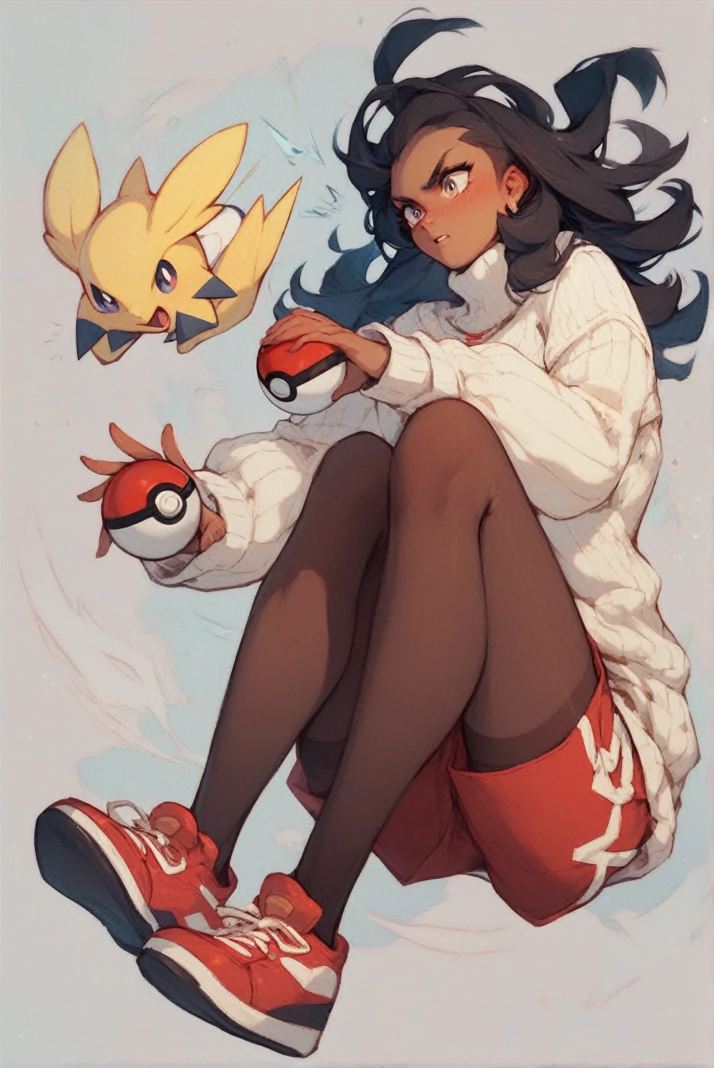 girl with black hair, with a yellow shirt and red shorts, pantyhose above the knees black, red shoes, white sweater, Pokémon trainer, struggling pose, Holding a pokeball, with white sweater