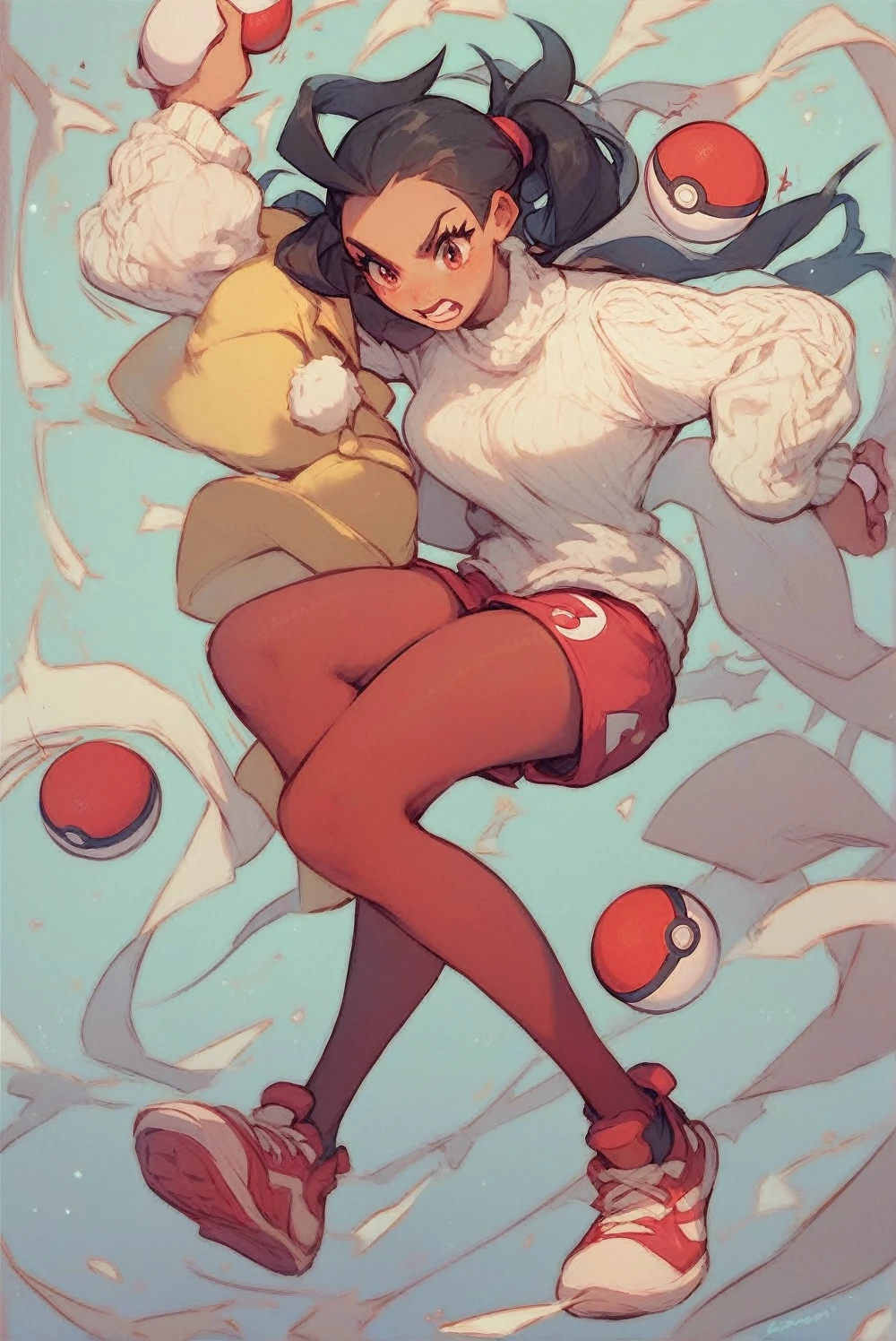 Fille aux cheveux noirs, avec une chemise jaune et un short rouge, collants au dessus des genoux noirs, souliers rouges, Pull blanc, Pokémon trainer, pose en difficulté, holding a pokeball, with Pull blanc