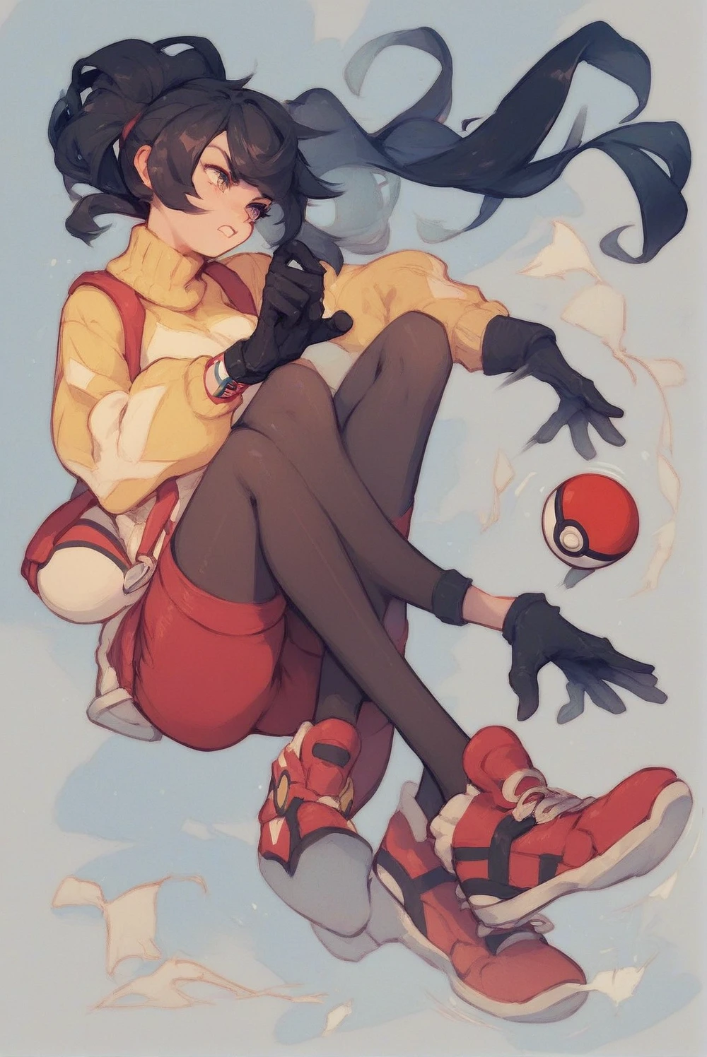 Chica con pelo negro, con una camisa amarilla y pantalones cortos rojos, medias por encima de las rodillas negras, zapatos rojos, suéter blanco, Entrenador Pokémon, pose de lucha, Sosteniendo una Pokeball, with suéter blanco and black gloves