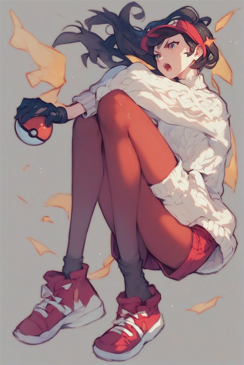 girl with black hair, with a yellow shirt and red shorts, pantyhose above the knees black, red shoes, white sweater, Pokémon trainer, struggling pose, Holding a pokeball, with white sweater and black gloves
