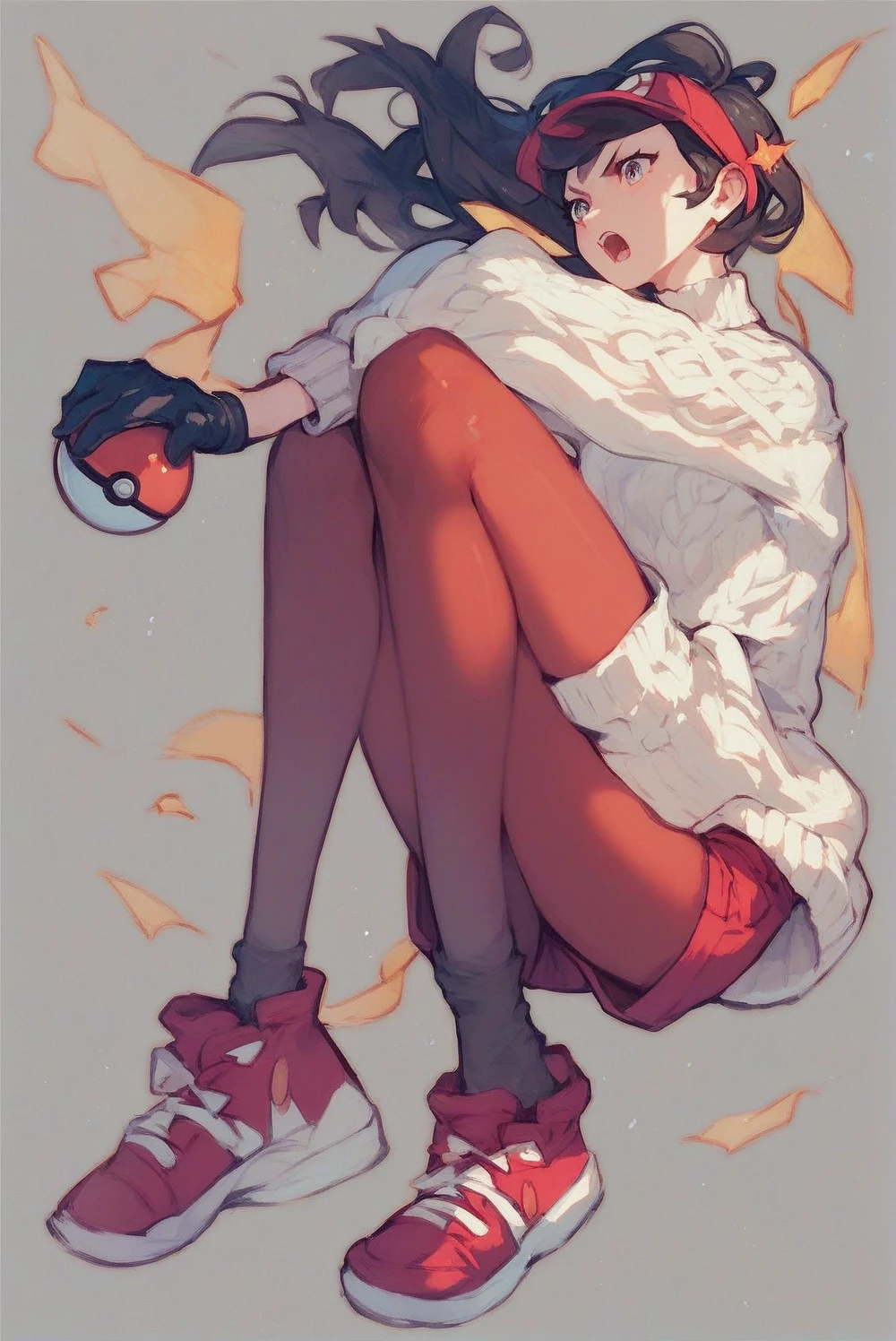 Fille aux cheveux noirs, avec une chemise jaune et un short rouge, collants au dessus des genoux noirs, souliers rouges, Pull blanc, Pokémon trainer, pose en difficulté, holding a pokeball, with Pull blanc and black gloves