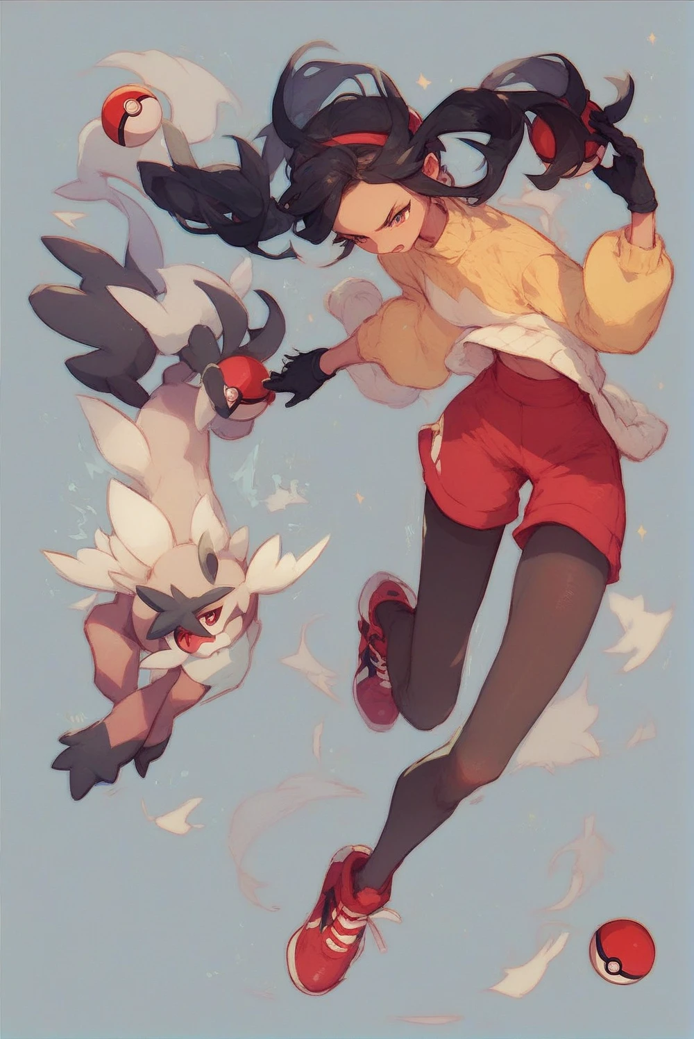 Chica con pelo negro, con una camisa amarilla y pantalones cortos rojos, medias por encima de las rodillas negras, zapatos rojos, suéter blanco, Entrenador Pokémon, pose de lucha, Sosteniendo una Pokeball, with suéter blanco and black gloves