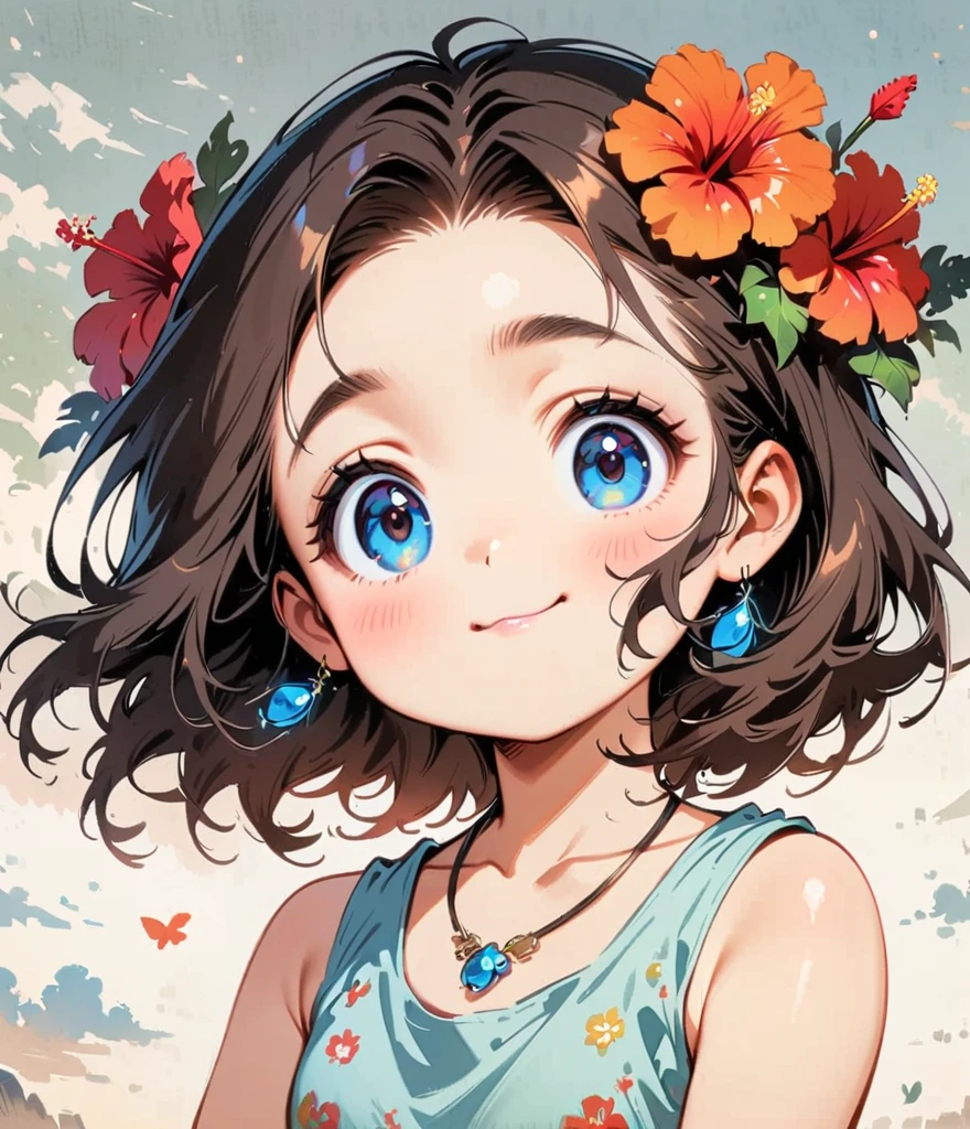 hibisco、Diseño de personajes estilo dibujos animados.，1 chica, alone，ojos grandes，linda expresión，Camiseta sin mangas、interesante，interesante，Lineas limpias