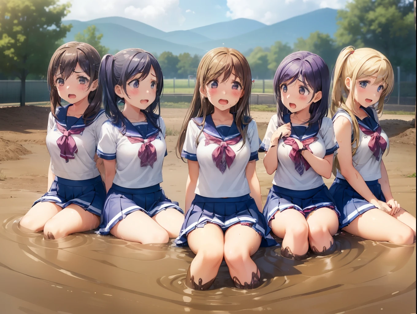 (5girls), (multiple girls:2), nozomi toujou, aichan, arisa ayase, breasts, masterpiece, best quality, high resolution, good lighting, detailed CG, cheerleaders, upset, scared, (sinking in mud, school field, partially submerged), tears