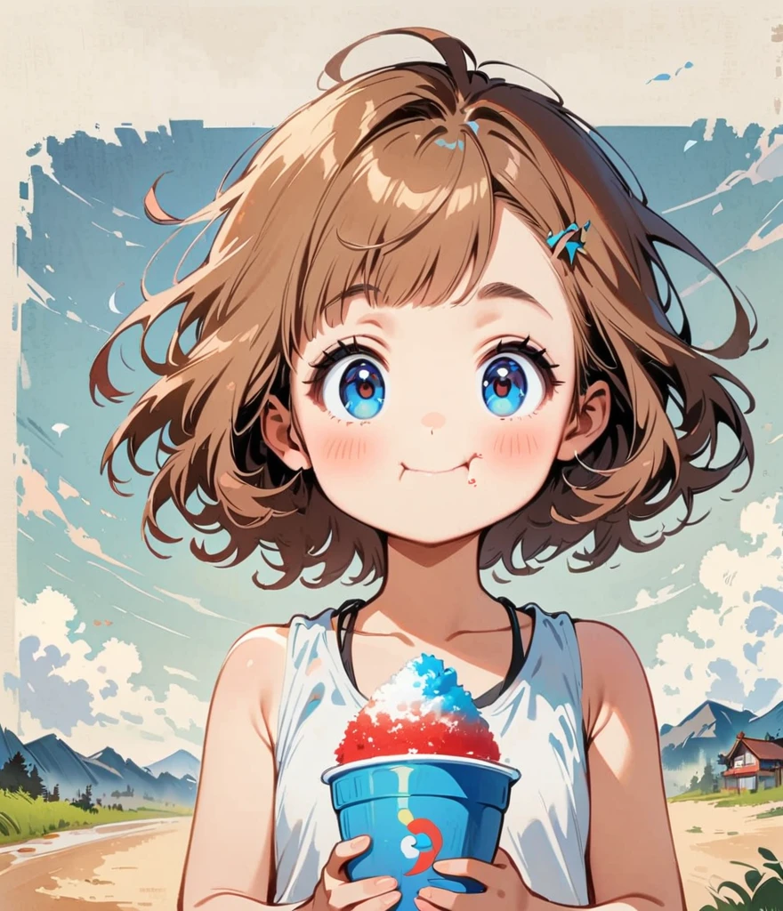Eating shaved ice、Cartoon style character design，1 Girl, alone，Big eyes，Cute expression，Tank top、interesting，interesting，Clean Lines