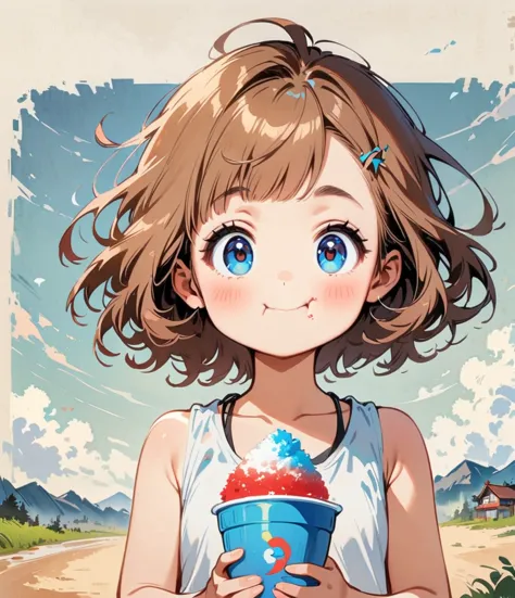 Eating shaved ice、Cartoon style character design，1 Girl, alone，Big eyes，Cute expression，Tank top、interesting，interesting，Clean L...