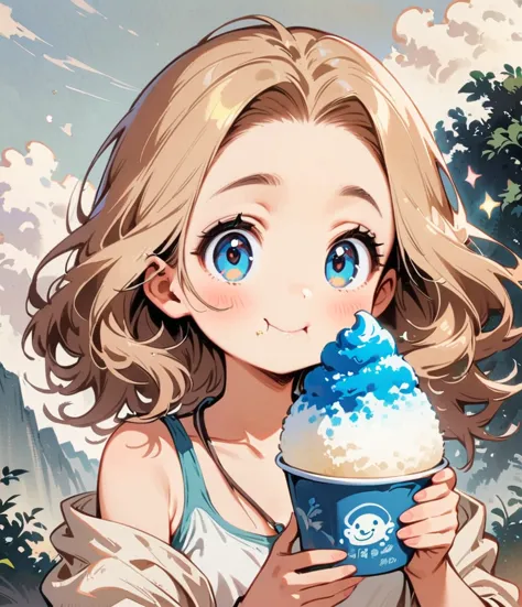 Eating shaved ice、Cartoon style character design，1 Girl, alone，Big eyes，Cute expression，Tank top、interesting，interesting，Clean L...