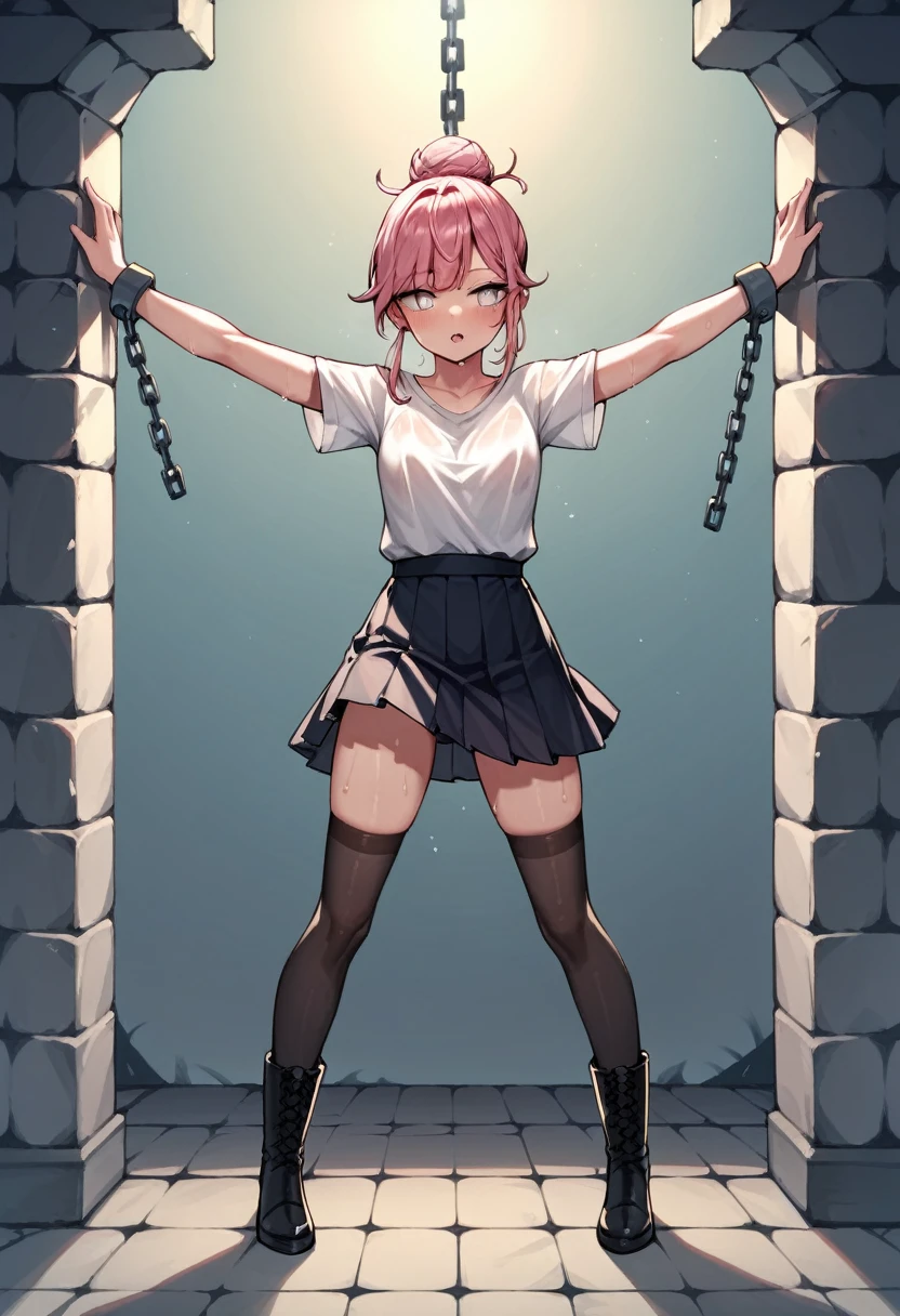 score_9, score_8_up, score_7_up, score_6_up, score_5_up, score_4_up, source_anime, 1girl,sweaty, pink hair, hair bun,white eyes, w-w-chain, spread arms, loose hair, white shirt,skirt,stockings,black boots,day,hot,dungeon, best quality, best res, 4K UHD,
 