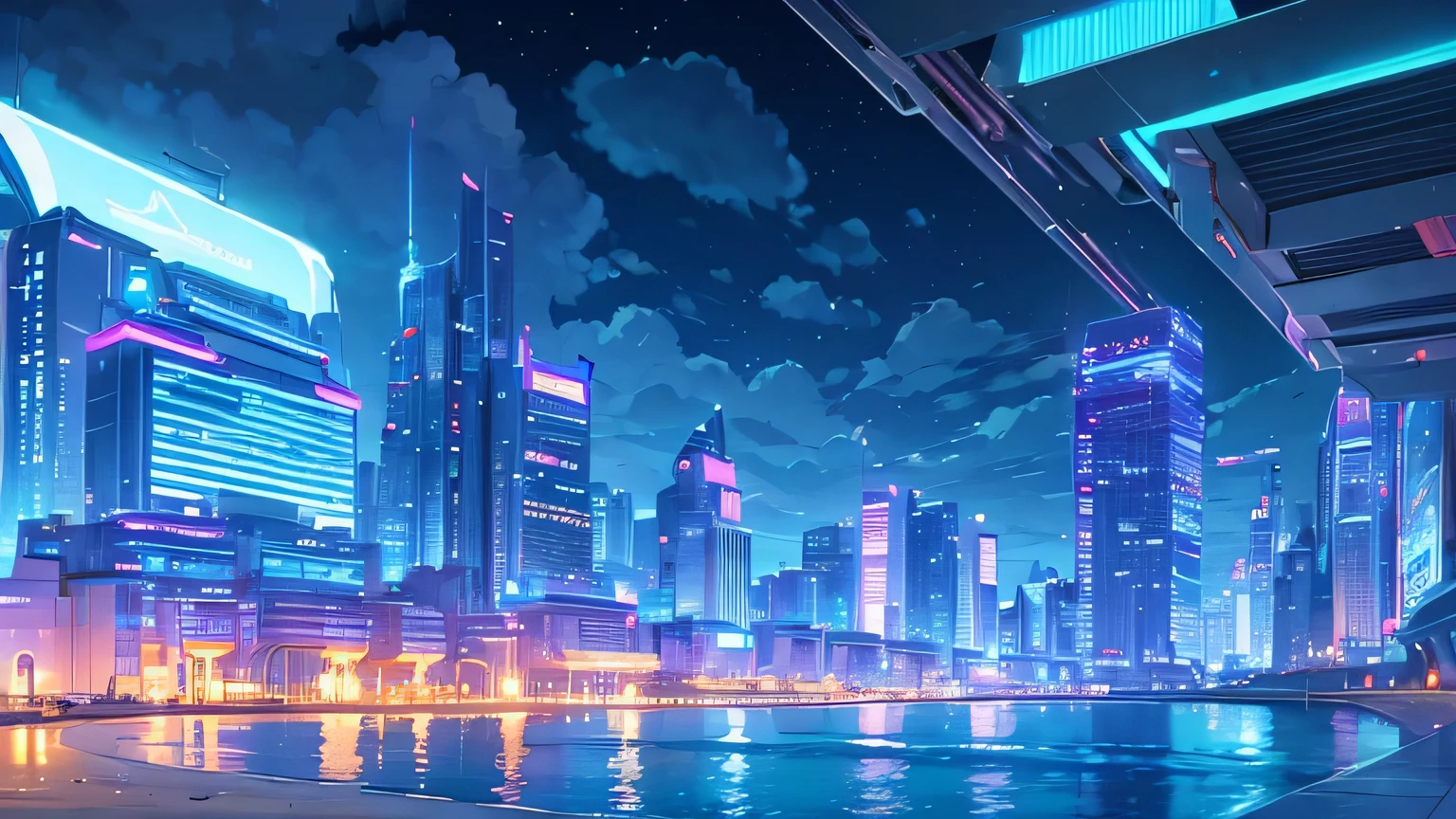 a beach with a coast and futuristic buildings with neon lights, stars and clouds, it's in the night with the sky, the moon and clouds, purple and blue
