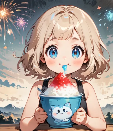 Eating shaved ice with a spoon、firework、Cartoon style character design，1 Girl, alone，Big eyes，Cute expression，Tank top、interesti...