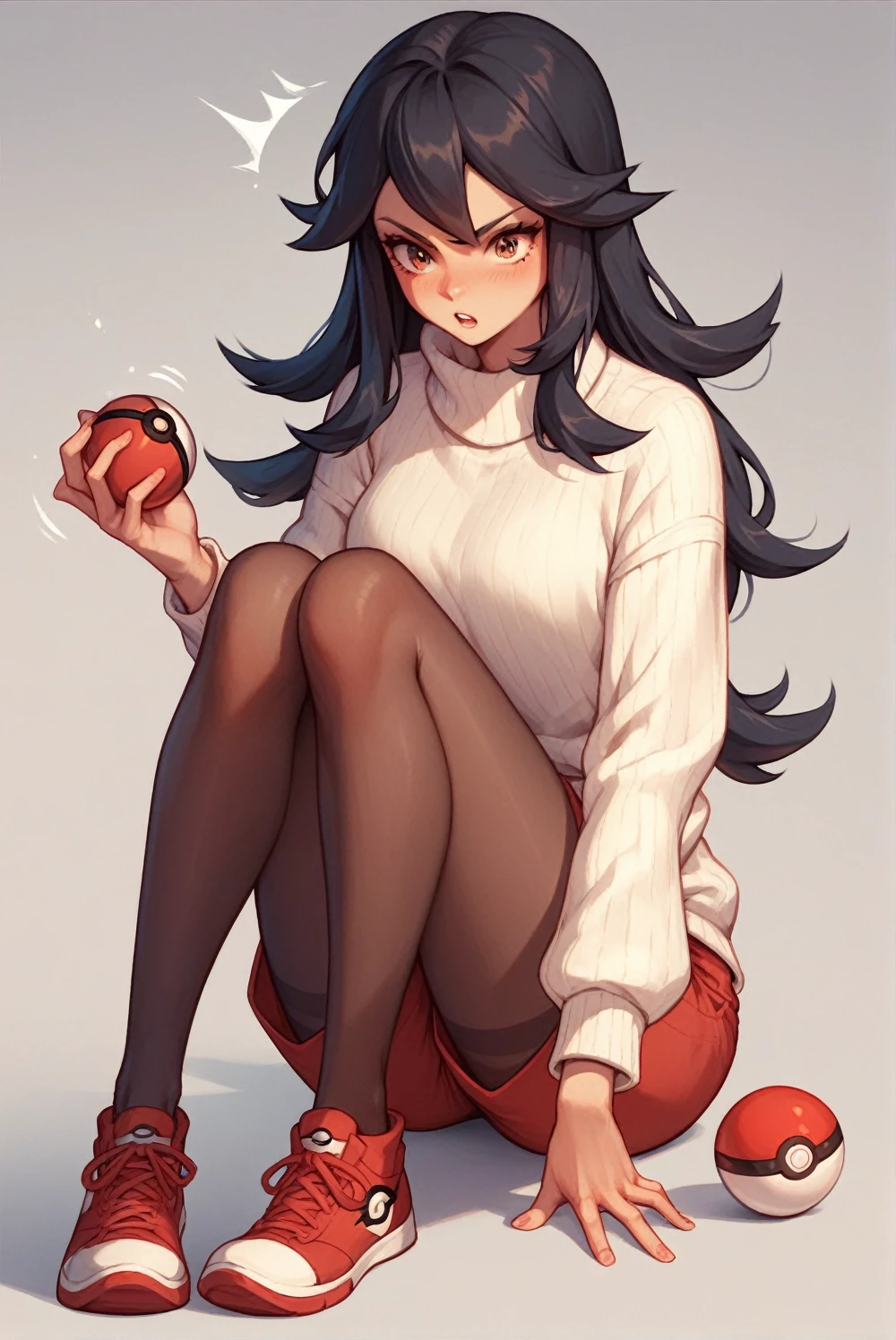 Fille aux cheveux noirs, avec une chemise jaune et un short rouge, collants au dessus des genoux noirs, souliers rouges, Pull blanc, Pokémon trainer, pose en difficulté, holding a pokeball, with Pull blanc