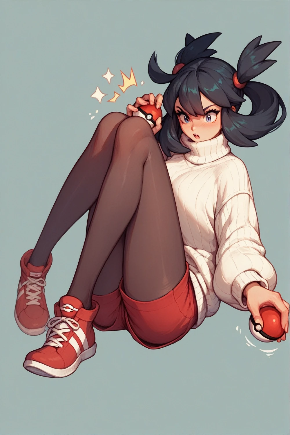 girl with black hair, with a yellow shirt and red shorts, pantyhose above the knees black, red shoes, white sweater, Pokémon trainer, struggling pose, Holding a pokeball, with white sweater