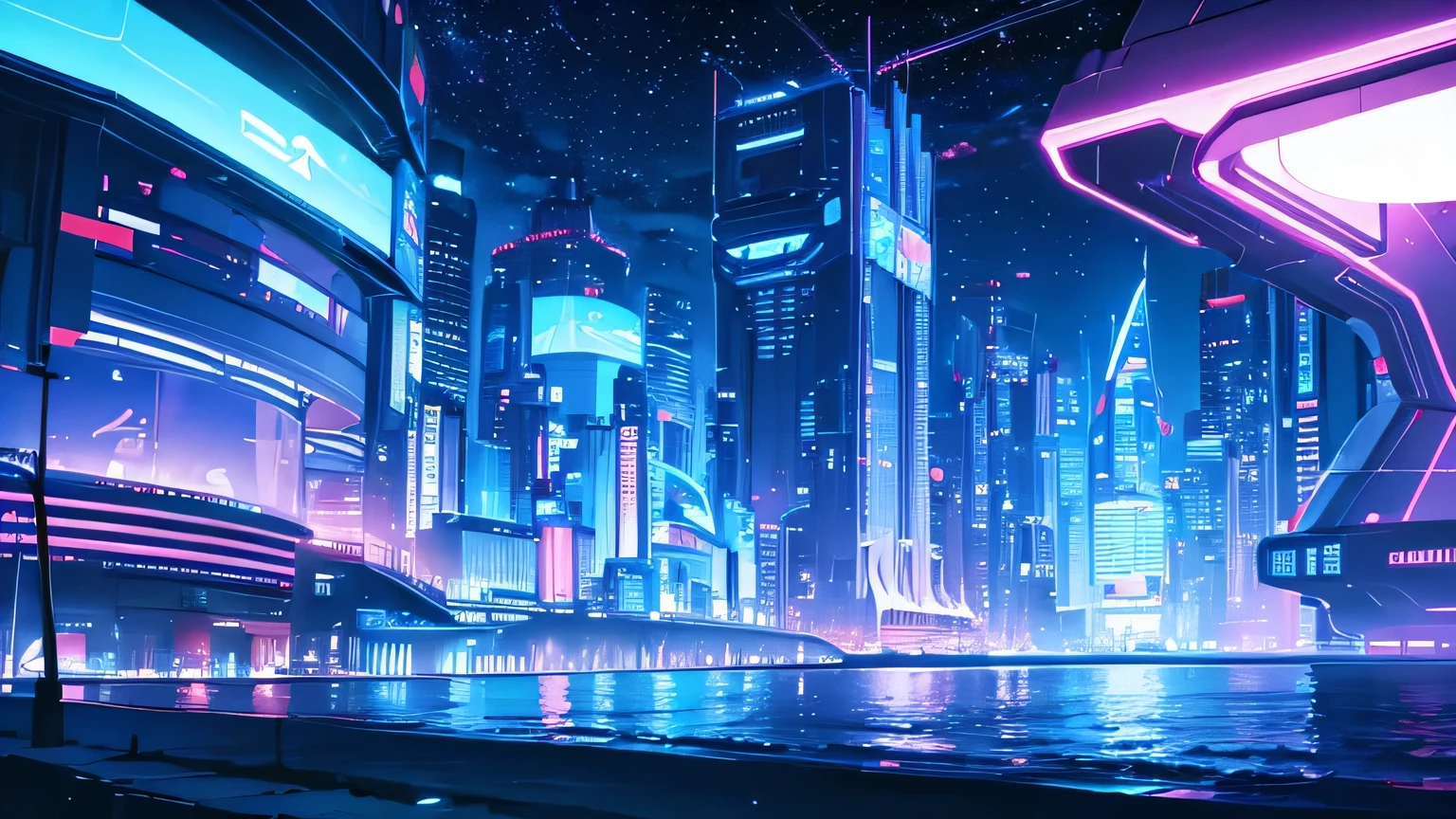 a beach with a coast and futuristic punk buildings with neon lights, stars and clouds, it's in the night with the sky, the moon and clouds, purple and blue