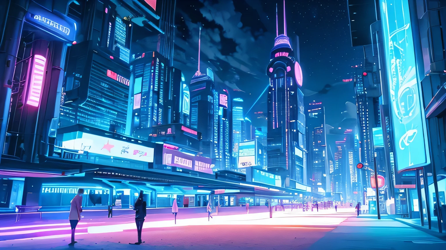 a beach with a coast and futuristic punk buildings with neon lights, stars and clouds, it's in the night with the sky, the moon and clouds, purple and blue