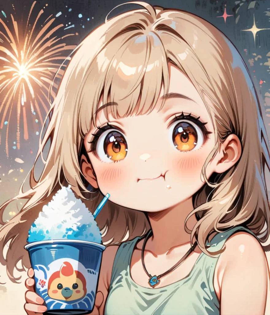 Feuerwerk im Hintergrund、Rasiertes Eis essen、Charakterdesign im Cartoon-Stil，1 Mädchen, allein，große Augen，süßer Ausdruck，Tank top、interessant，interessant，Klare Linien