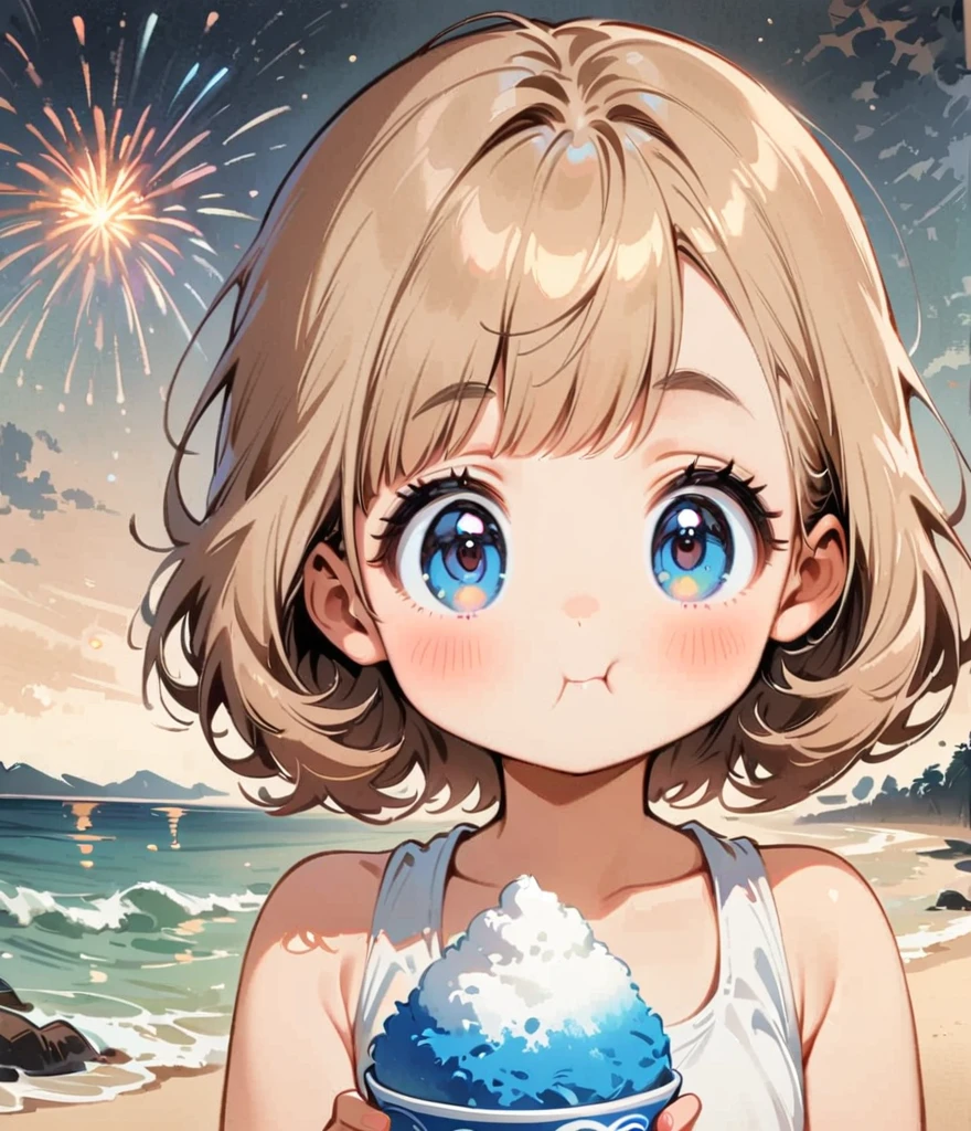 Fireworks in the background、Eating shaved ice、Cartoon style character design，1 Girl, alone，Big eyes，Cute expression，Tank top、interesting，interesting，Clean Lines