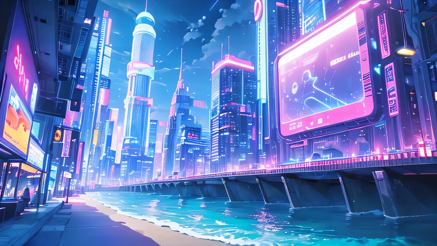a beach with a coast and futuristic punk buildings with neon lights, stars and clouds, it's in the night with the sky, the moon and clouds, purple and blue