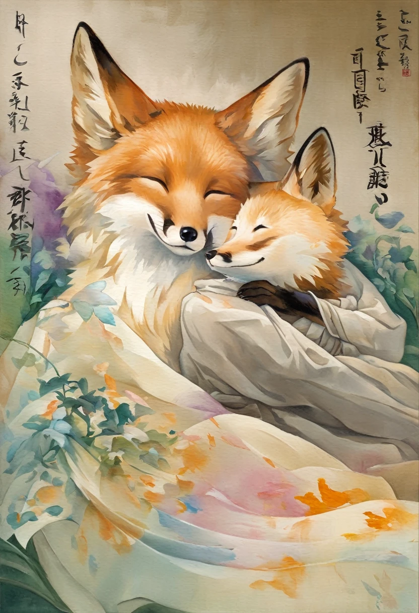 best quality, super fine, 16k, 2.5D, delicate and dynamic depiction, fox spirit stroking the head of sleeping  on his lap, gentle loving smile, effects wrapped in soft colors and light, fusion of watercolors and oil paintings, calligraphy, ink, shading, gradation, Japanese paper quality