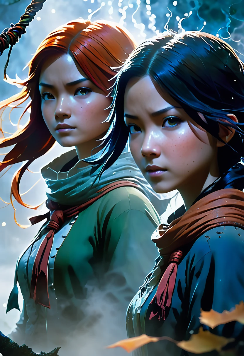 Portrait of two girls, unravel,Cast A Spell, Full of Mist, cinematic lighting, dramatic atmosphere, by Dustin Nguyen, Akihiko Yoshida, Greg Tocchini, Greg Rutkowski, Cliff Chiang, 4k resolution, trending on artstation