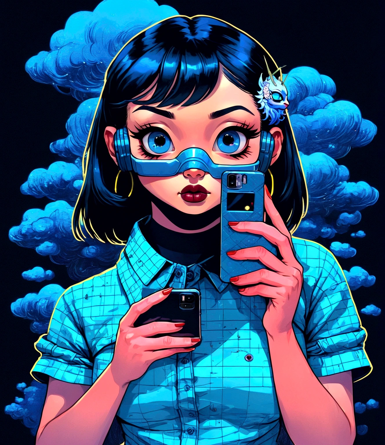 eine Nahaufnahme einer Person mit einem Mobiltelefon in der Hand, cyberpunk art inspired by Harumi Hironaka, tumblr, digital art, jen bartel, Lofi-Mädchen, Beeple und James Jean, Casey Weldon - Das große Abenteuer, Beeple und Jeremiah Ketner, cyberpunk art style, glitchpunk girl, blau neon, Neon und Dunkelheit, digitaler Kunststil