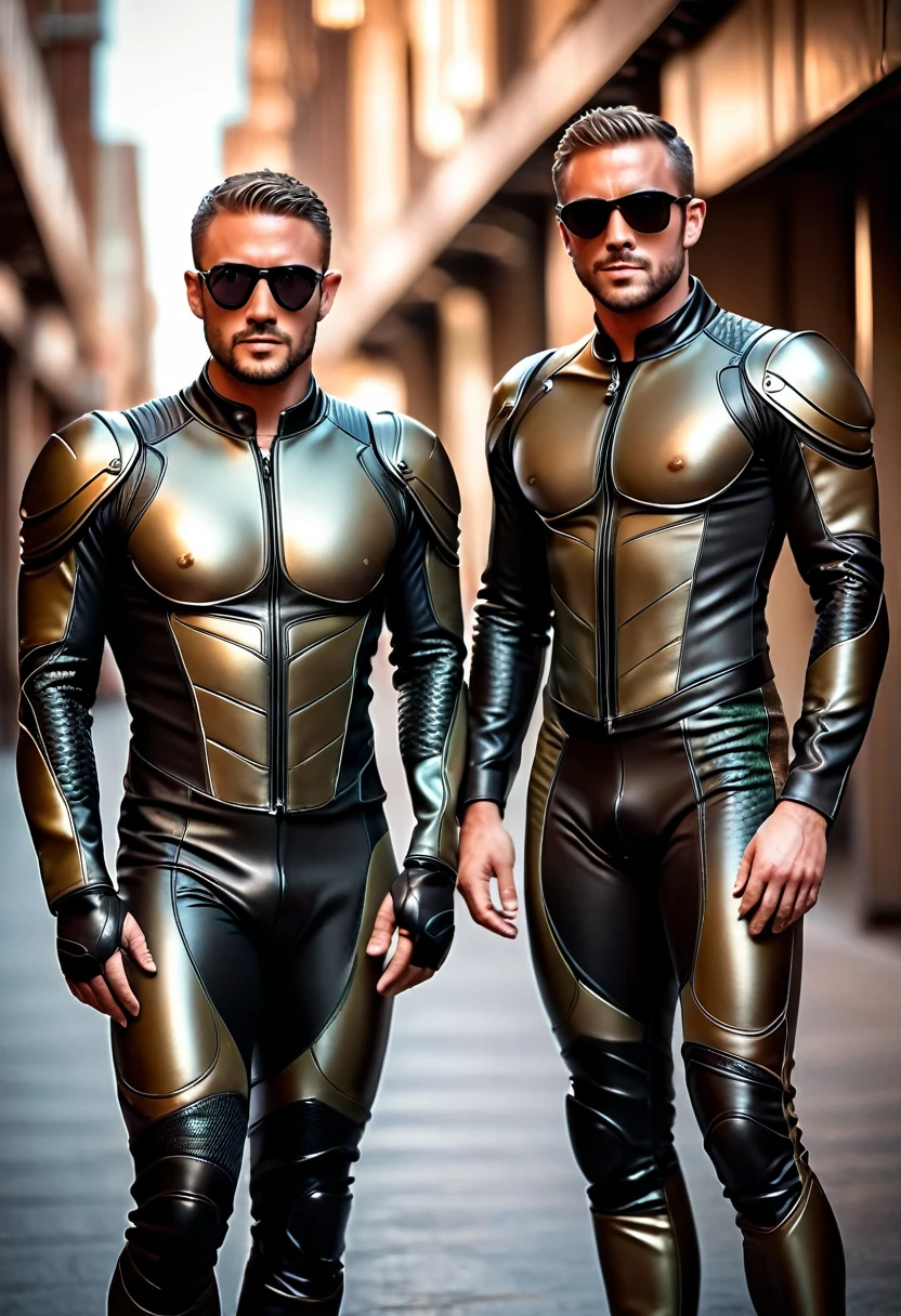 Generate a full length photograph of two very handsome and very muscular 30yo male awesome scales skin alien soldiers, wearing a skin tight, skimpy, tiny leather racing suit. His skin is scally. They are in a playful mood. One of the men has very short black hair and the other has very short dark blonde hair. Both men have pale complexions. They are wearing a futuristic leather suit that is skin tight and shows their impressive bodies. The suit looks like it was made for them. They are wearing futuristic POLARIZED sunglasses.