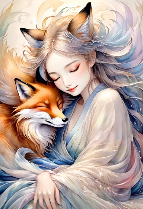 best quality, super fine, 16k, 2.5D, delicate and dynamic depiction, fox spirit stroking the head of sleeping  on his lap, gentl...