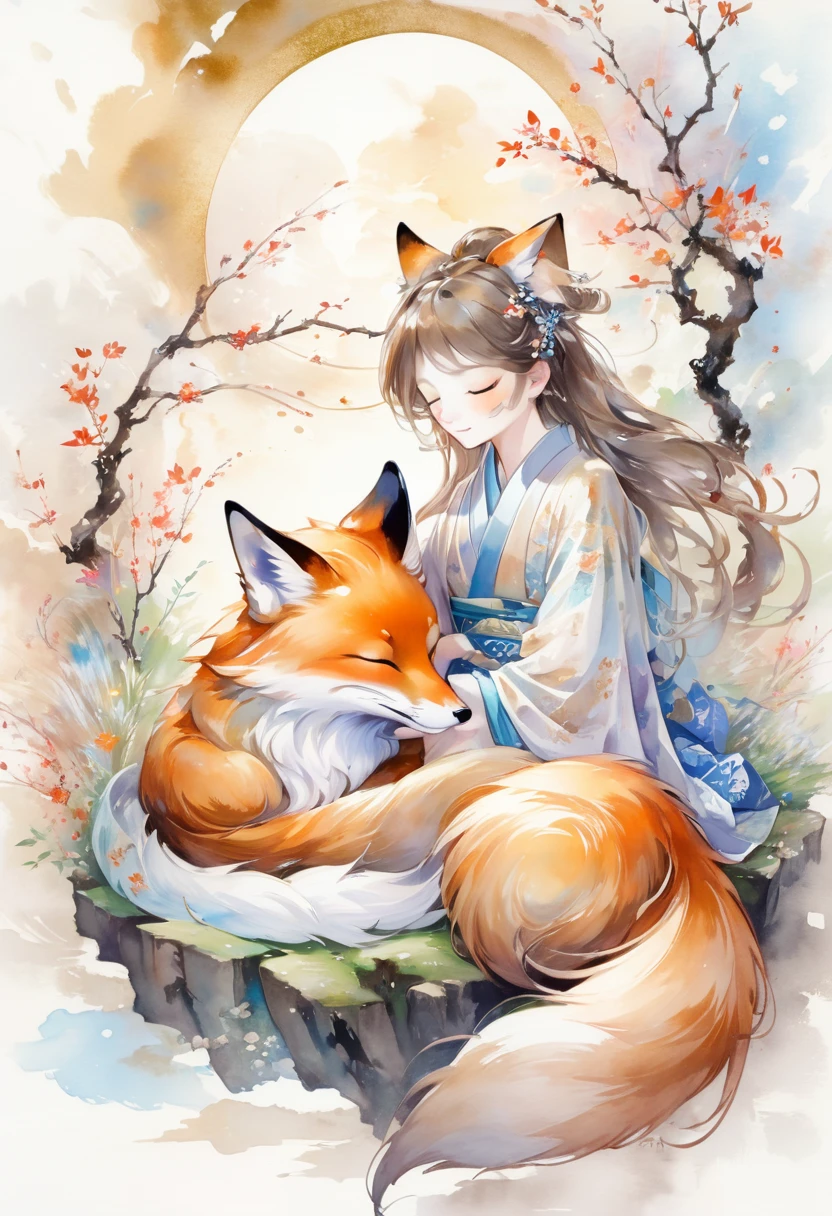 best quality, super fine, 16k, 2.5D, delicate and dynamic depiction, fox spirit stroking the head of sleeping  on his lap, gentle loving smile, effects wrapped in soft colors and light, fusion of watercolors and oil paintings, calligraphy, ink, shading, gradation, Japanese paper quality