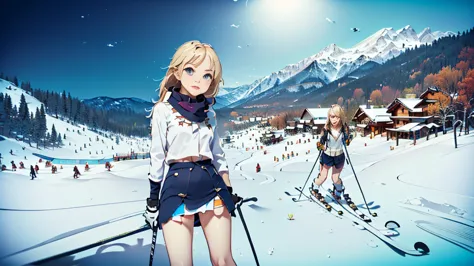 1womanl、(europeu:1.3)、blond、(super cute)、(beautiful  face:1.5)、(face detailed)、(skiing:1.6)、(wearing a miniskirt:1.3)、(fall down...