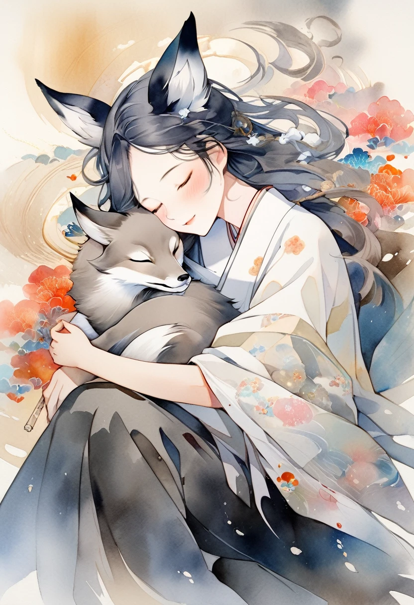 best quality, super fine, 16k, 2.5D, delicate and dynamic depiction, fox spirit stroking the head of sleeping  on his lap, gentle loving smile, effects wrapped in soft colors and light, fusion of watercolors and oil paintings, calligraphy, ink, shading, gradation, Japanese paper quality