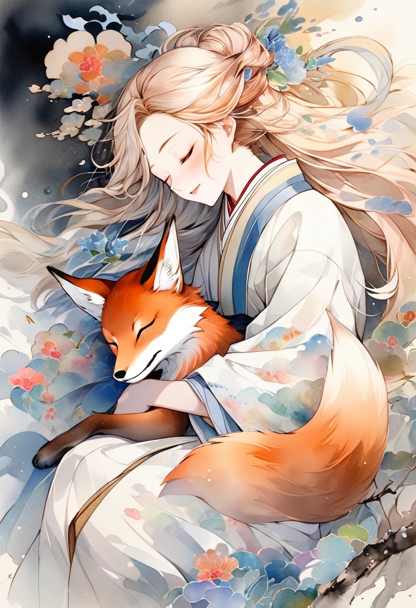 best quality, super fine, 16k, 2.5D, delicate and dynamic depiction, fox spirit stroking the head of sleeping  on his lap, gentle loving smile, effects wrapped in soft colors and light, fusion of watercolors and oil paintings, calligraphy, ink, shading, gradation, Japanese paper quality