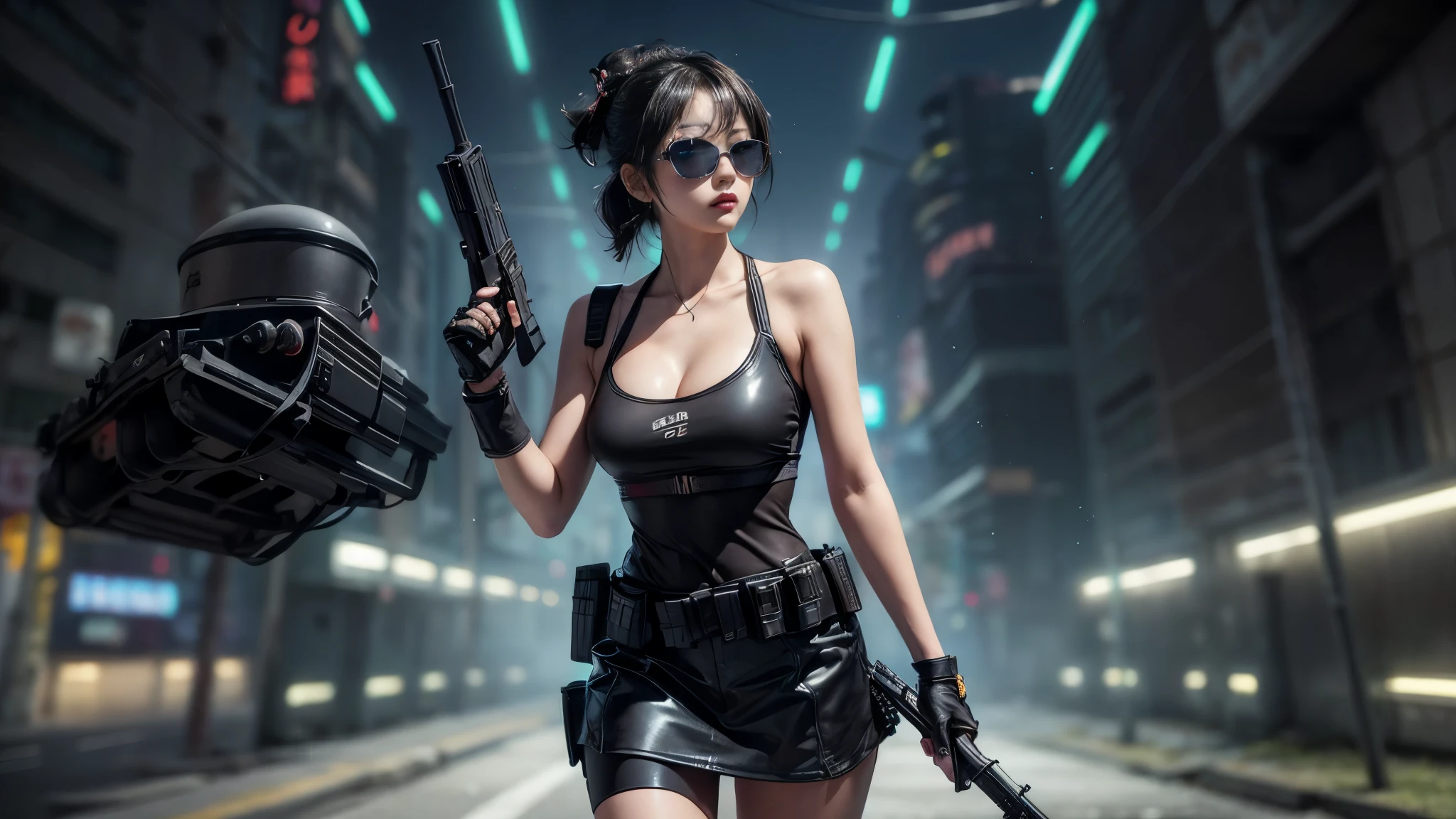 8k, Realistic Skin Texture, Realistic Photo, Neo Tokyo, slim Japanese women, large-breast:1.3 cleavage:1.2, AD2050 at night, Dirty hunting jacket, Wearing tube top, miniskirt, (((black sunglasses, automatic rifle, sneakers, cold, shooting pose, low angle view))), Innovative composition, revenge, cyberpunk, blade runner worldview, Large neon sign, Geisha hologram sign, Strong Wakamoto Sign.