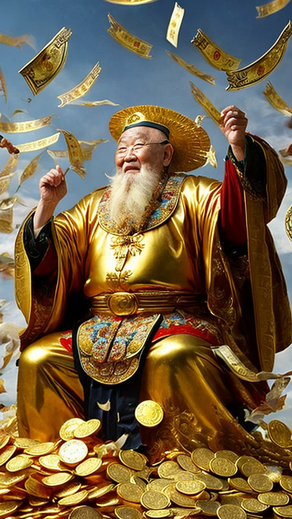 Zhao Gongming, the God of Wealth，80-year-old kind old man，（Chinese elderly），Realistic，Surrounded by money，Falling into the cornucopia，Gold coins flying all over the sky，