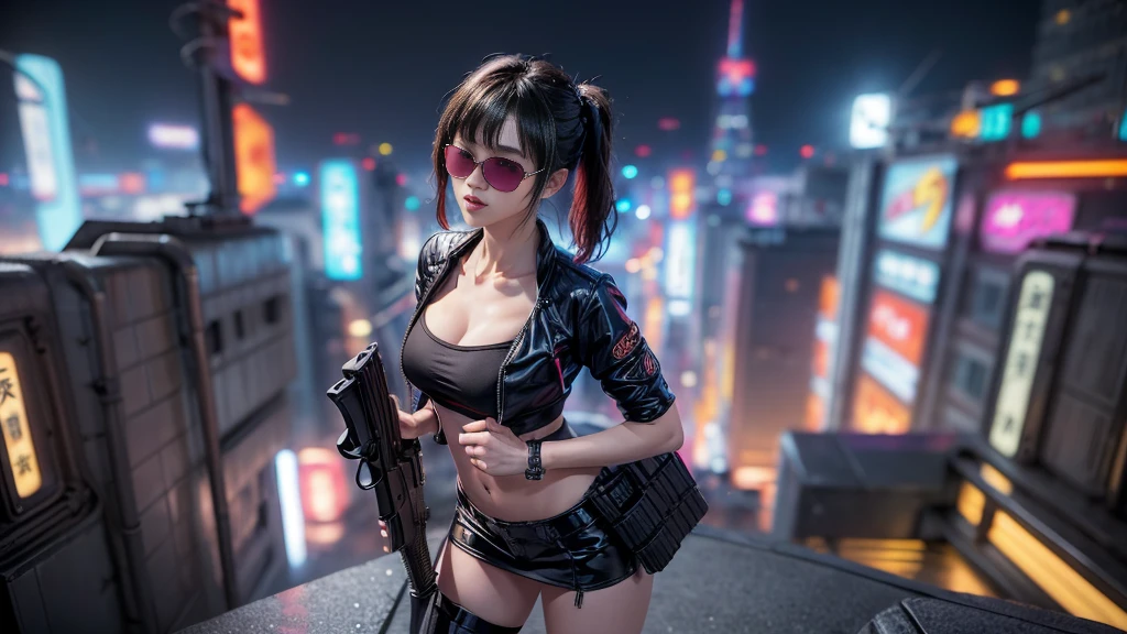 8k, Realistic Skin Texture, Realistic Photo, Neo Tokyo, slim Japanese women, large-breast:1.3 cleavage:1.2, AD2050 at night, Dirty hunting jacket, Wearing tube top, miniskirt, (((black sunglasses, automatic rifle, sneakers, cold, shooting pose, low angle view))), Innovative composition, revenge, cyberpunk, blade runner worldview, Large neon sign, Geisha hologram sign, Strong Wakamoto Sign.