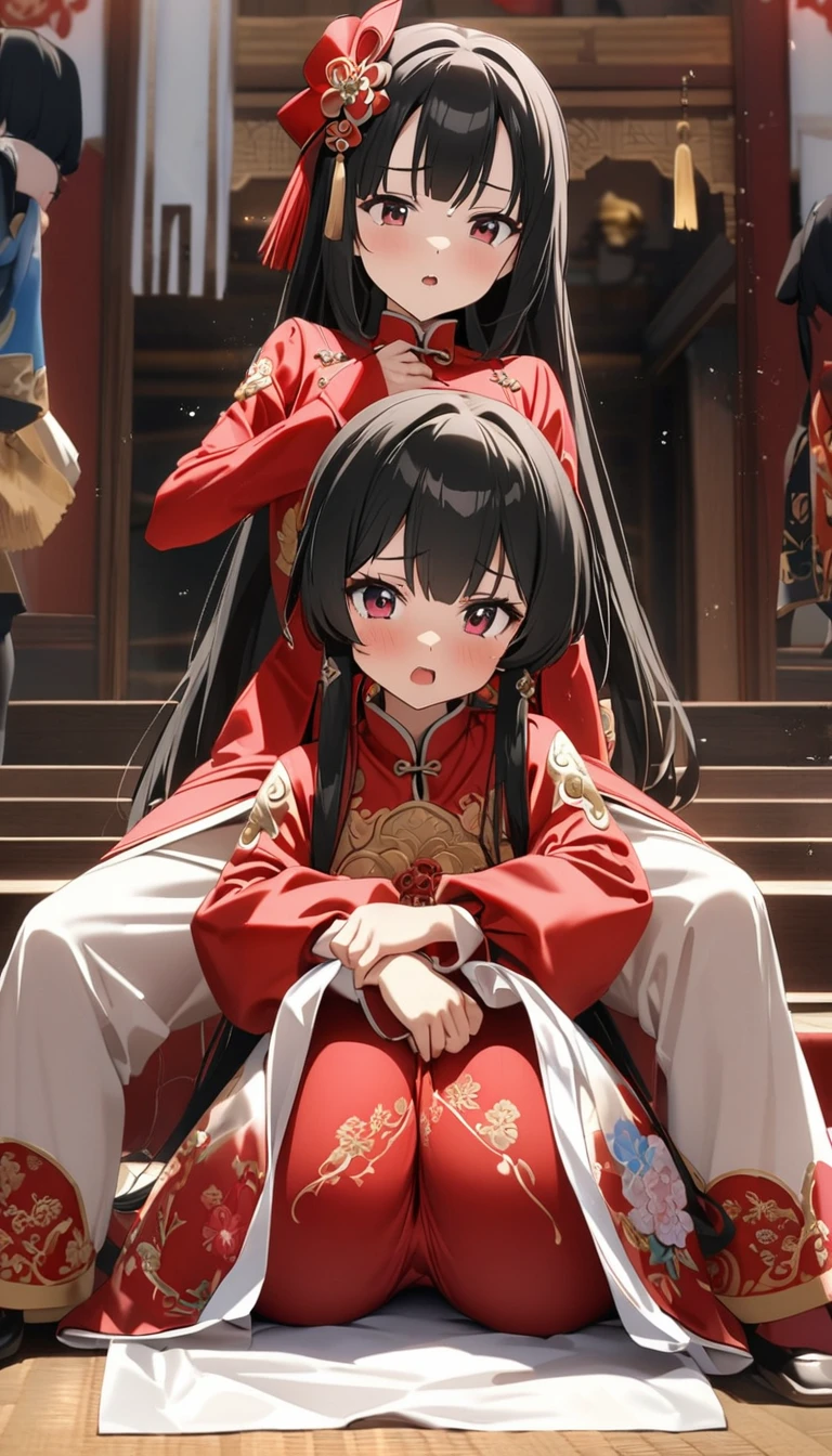 A tragic historical drama in 8k live-action style: Beautiful palace secrets　Beautiful 10 year old Chinese Kung Fu girl princess with short black hair is laid on the altar　　Gorgeous embroidery, Ultra glossy, She is wearing a shiny red top and bottom long sleeve floral kung fu suit....　　She gets an old man&#39;s dick rubbed against her