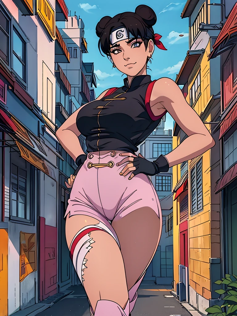 Best quality, 4k, high resolution, body stuck dress, perfect smile, gorgeous, light skin, ahegao face(hentai face) ,black hair,wearing head band, wears a pink sleeveless qipao-style blouse with red sleeve trimmings and yellow fastening buttons, wearing dark ref pants complement the ensemble, (sports red sandals), black fingerless gloves, wearing bodystuck top(wearing long pink bloud ), clothes are stuck in body, bodyfit outfit,1 girl, solo, seductive look, elegance and charm, (masterpiece, best quality, high resolution), looking at the viewer, standing, (intricate and beautiful:1.2), (detailed light:1.2), (soft light, side light), (high resolution textures) , holding leash in hand(chain leash), outdoor, Burmese girl,wearing short  jean pants(black colour) with white line ,wearing gorgeous jewelary, wearing harness over the outfit ,outdoor background, sun light, attractive, sexy, mature and hot, young,(masterpiece:1.3), (disorganized:1.3), (highest quality:1.3), perfect anatomy, detailed face, front view, perfect right hands, looking at viewer, (Super detailed:1.3), (best shadow:0.7), (treated hair), fine eyes, beautiful eyes, young aged woman, alone, standing, crystal earrings,closed_mouth, , outdoors,Thick thighs, arrogant face, small 