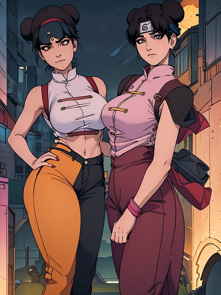 Best quality, 4k, high resolution, body stuck dress, perfect smile, gorgeous, light skin, ahegao face(hentai face) ,black hair,wearing head band, wears a pink sleeveless qipao-style blouse with red sleeve trimmings and yellow fastening buttons, wearing dark ref pants complement the ensemble, (sports red sandals), black fingerless gloves, wearing bodystuck top(wearing long pink bloud ), clothes are stuck in body, bodyfit outfit,1 girl, solo, seductive look, elegance and charm, (masterpiece, best quality, high resolution), looking at the viewer, standing, (intricate and beautiful:1.2), (detailed light:1.2), (soft light, side light), (high resolution textures) , holding leash in hand(chain leash), outdoor, Burmese girl,wearing short  jean pants(black colour) with white line ,wearing gorgeous jewelary, wearing harness over the outfit ,outdoor background, sun light, attractive, sexy, mature and hot, young,(masterpiece:1.3), (disorganized:1.3), (highest quality:1.3), perfect anatomy, detailed face, front view, perfect right hands, looking at viewer, (Super detailed:1.3), (best shadow:0.7), (treated hair), fine eyes, beautiful eyes, young aged woman, alone, standing, crystal earrings,closed_mouth, , outdoors,Thick thighs, arrogant face, small 