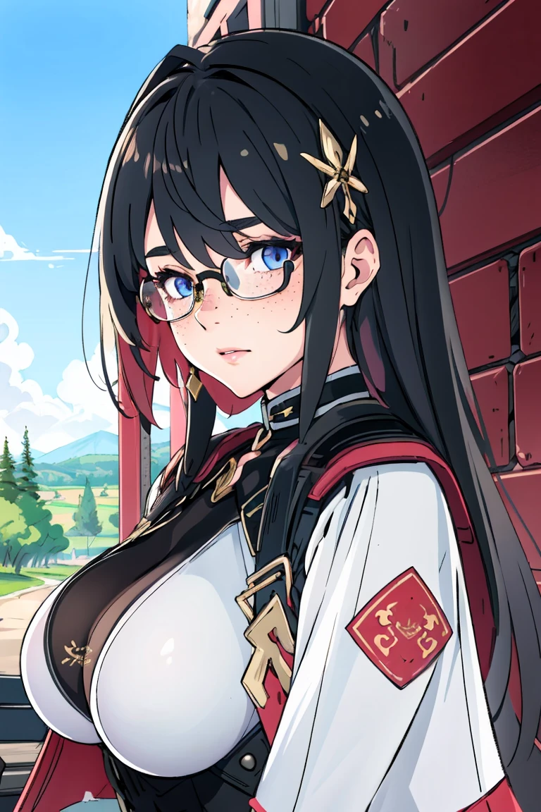 ((young adult short woman, young_face with freckles)), (glowing blue eyes), chubby, gradient (black hair), long wild hair, large round gold glasses, medium c-cup breasts, shiny skin, cutesy, outdoors, waiting, looking curious, magical