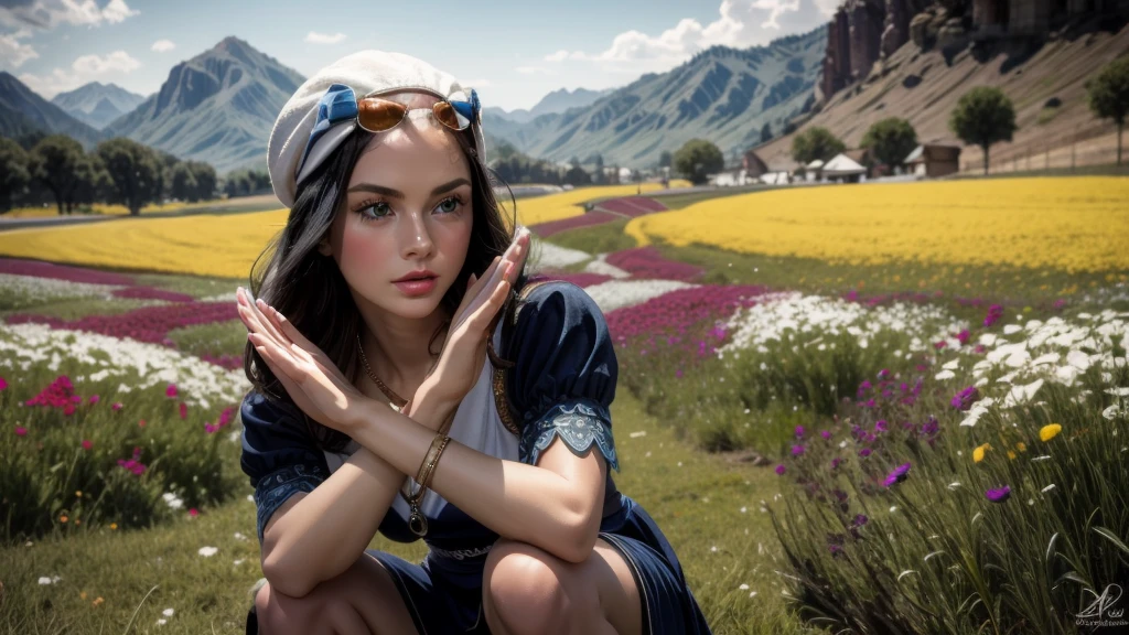 masterpiece, best quality, extremely detailed, hyperrealistic:1.1, photorealistic, a beautiful 20s russian model, ultra detailed face:1.1, white crochet hat, sunglasses on head:1.1, navy dress:1.1, black hair, x-arms:1.3, eye closed:1.3, colorful field of flower, squatting down