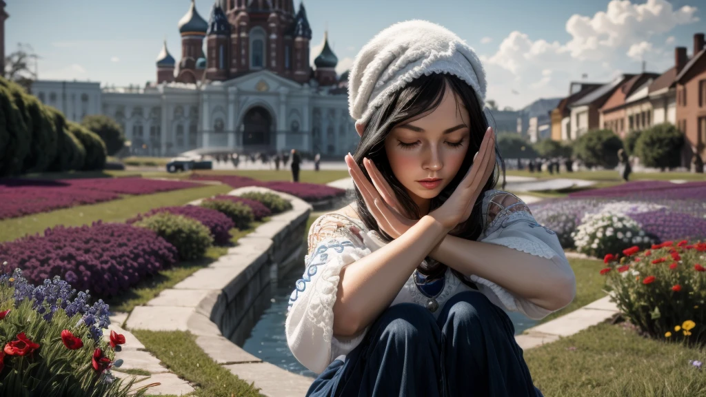 masterpiece, best quality, extremely detailed, hyperrealistic:1.1, photorealistic, a beautiful 20s russian model, ultra detailed face:1.1, white crochet hat, sunglasses on head:1.1, navy dress:1.1, black hair, x-arms:1.3, eye closed:1.3, colorful field of flower, squatting down