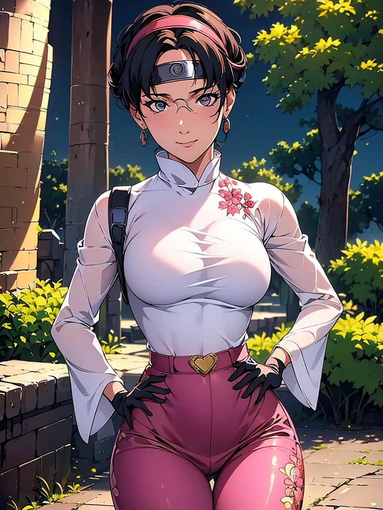 Just one girl,Best quality, 4k, high resolution, body stuck dress, perfect smile, gorgeous, light skin, ahegao face(hentai face) ,black hair,wearing head band, wears White qipao shirt with long sleeves and red edges,
Wearing Loose pink pants that reach below her knees, wearing black fingerless gloves, wearing bodystuck top(wearing long pink bloud ), clothes are stuck in body, bodyfit outfit,1 girl, solo, seductive look, elegance and charm, (masterpiece, best quality, high resolution), looking at the viewer, standing, (intricate and beautiful:1.2), (detailed light:1.2), (soft light, side light), (high resolution textures) , holding leash in hand(chain leash), outdoor, Burmese girl, wearing gorgeous jewelary, wearing harness over the outfit ,outdoor background, sun light, attractive, sexy, mature and hot, young,(masterpiece:1.3), (disorganized:1.3), (highest quality:1.3), perfect anatomy, detailed face, front view, perfect right hands, looking at viewer, (Super detailed:1.3), (best shadow:0.7), (treated hair), fine eyes, beautiful eyes, young aged woman, alone, standing, crystal earrings,closed_mouth, , outdoors,Thick thighs, arrogant face, small 