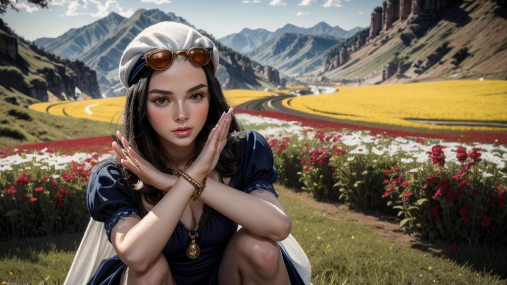 masterpiece, best quality, extremely detailed, hyperrealistic:1.1, photorealistic, a beautiful 20s russian model, ultra detailed face:1.1, white crochet hat, sunglasses on head:1.1, navy dress:1.1, black hair, x-arms:1.3, eye closed:1.3, colorful field of flower, squatting down