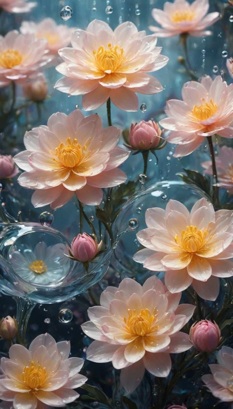 (((Intricate details:1.4))), (((Crazy details:1.4))),(((best quality:1.3))), (((Soft colors 4k highly detailed digital art:1.3))). | close up：Delicate water splashes form magical flowers, Like water reflecting light, Every drop of water is carefully drawn，And used the master-level gouache painting technique,Shrouded in the mysterious atmosphere of light and shadow art, Water splashes everywhere, good environment, Cleverly illuminated,fantasy art behance,Surreal, Its beauty and power are captured,It gives people a solemn atmosphere.