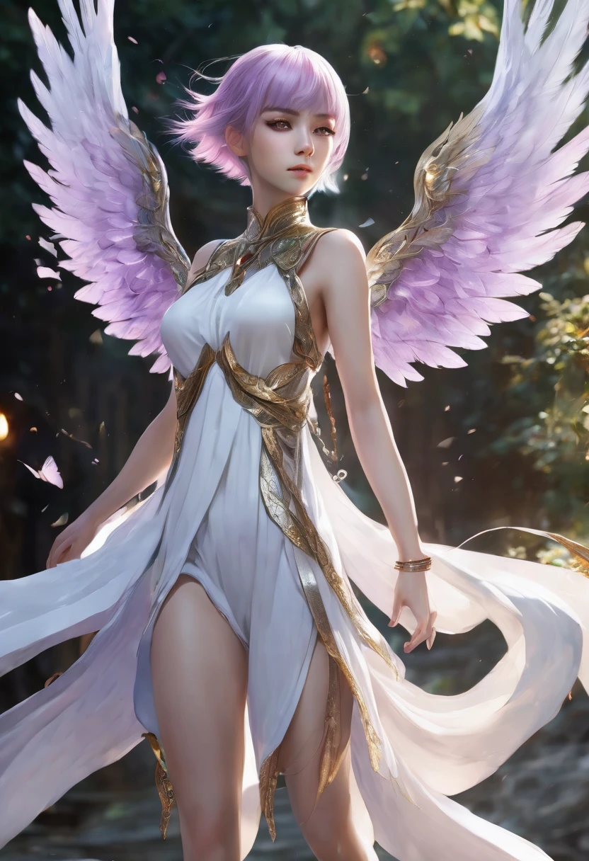 (((very high definition anime art))) In this stunning depiction, capturing the intensity of an (((a beautiful 18yo lady air spirit with pale skin ))) ((((( short and light violet hair with white highlights )))))(((shining white eyes))), (((wears a white tunica,brown trousers and black boots and wings on his back ))),(( silver jewelry )), she exudes a fierce and formidable presence. This high-quality image, rendered in 8K Ultra HD, immerses viewers in the intricate details of the scene.,REALISTIC