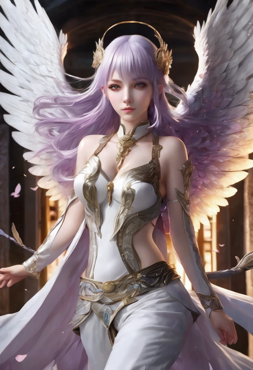 (((very high definition anime art))) In this stunning depiction, capturing the intensity of an (((a beautiful 18yo lady air spirit with pale skin ))) ((((( short and light violet hair with white highlights )))))(((shining white eyes))), (((wears a white tunica,brown trousers and black boots and wings on his back ))),(( silver jewelry )), she exudes a fierce and formidable presence. This high-quality image, rendered in 8K Ultra HD, immerses viewers in the intricate details of the scene.,REALISTIC