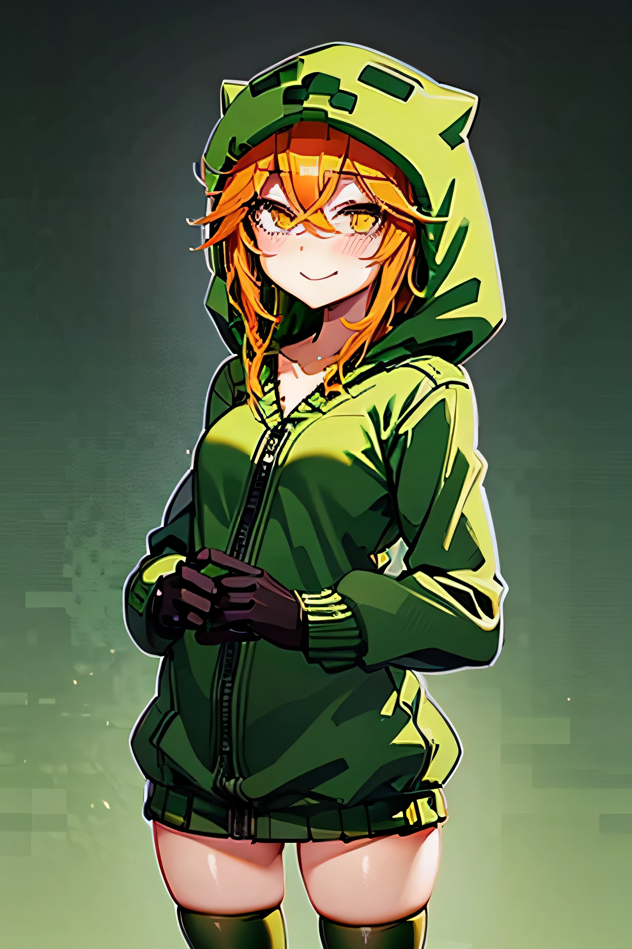 Anime girl in green hoodie and black gloves standing in front of a green  background - SeaArt AI