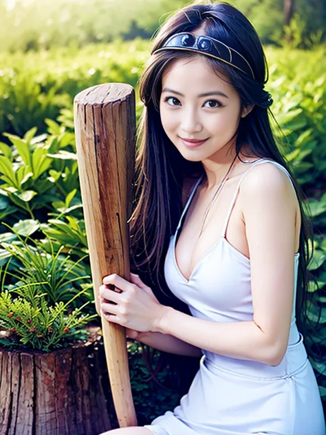 sage_(dq3), 1girl, 
(the vast grasslands), 
(sitting on a stump), (spread legs toward the viewer), 

long hair, blue hair, norma...