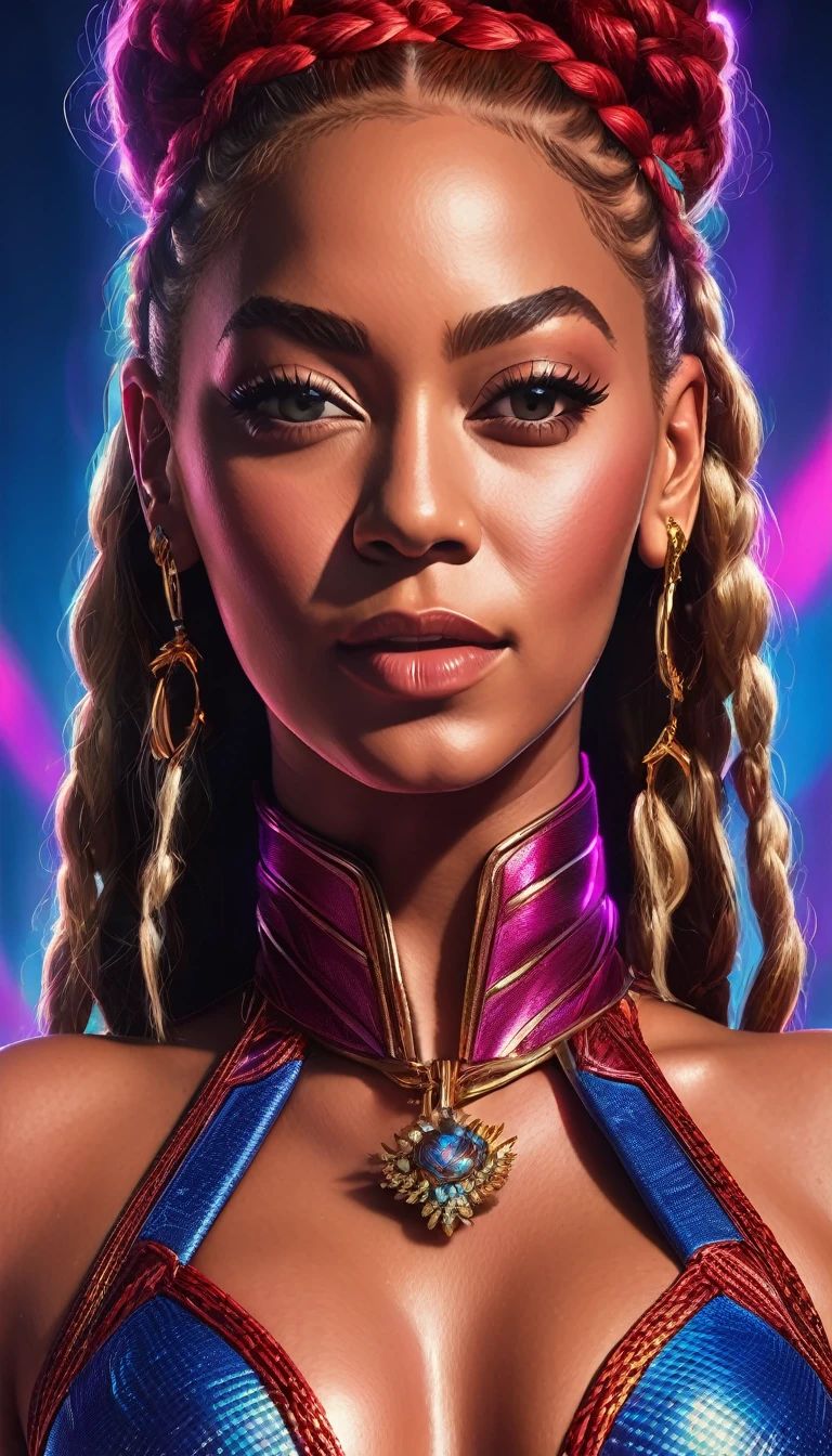 Beyonce, flirtatious woman, revealing clothing, beautiful detailed face, braided hair, superhero costume, dramatic lighting, vibrant colors, high-quality digital art, cinematic composition, photorealistic, masterpiece, 8k, ultra-detailed